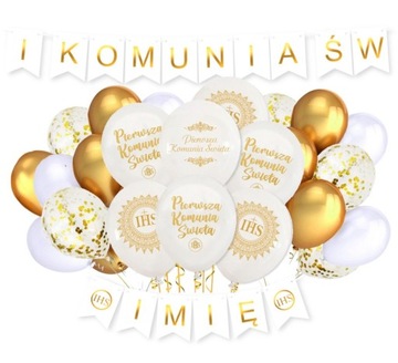 Dekoracje na KOMUNIĘ balony baner imię dekoracje KOMUNIA balony zestaw