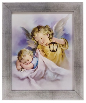 OBRAZ ŚW. ANIOŁA STRÓŻA ANIOŁKA 25X30 SREBRNA RAMA