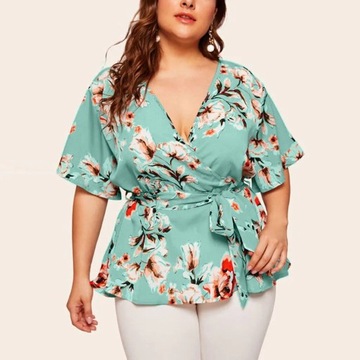 BLUZKA DAMSKA ELEGANCKA TOP KRÓTKI RĘKAW LETNIA W KWIATY, 5XL