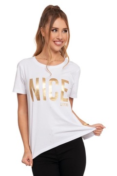 Koszulka Damska T-Shirt Bawełniana ze Złotym Błyszczącym Nadrukiem MORAJ S
