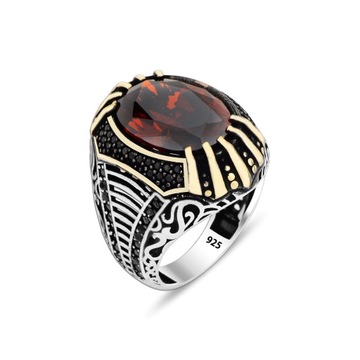 Unique Design Garnet Silver Men's Ring, Turkish Handcrafted Men Ring