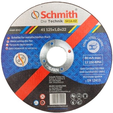 SCHMITH TARCZA DO CIĘCIA METALU 125x1 MOCNA Z DROBINAMI DIAMENTU