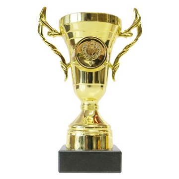 Puchar złoty trofeum nagroda konkurs turniej sport + NADRUK naklejka 15,5cm