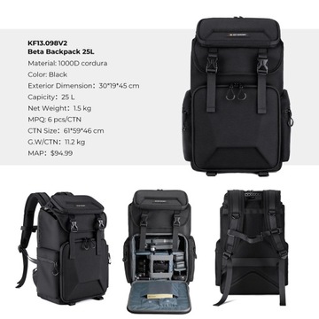 Рюкзак для фотографии K&F Concept KF13.098V2 черный водонепроницаемый 25л