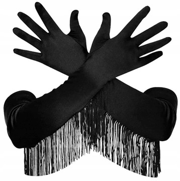 Rękawiczki wieczorowe satynowe długie elastyczne frędzle boho eleganckie
