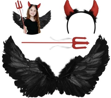 STRÓJ DIABEŁ NA HALLOWEEN DIABLICA SKRZYDŁA 80x40 WIDŁY ROGI ZESTAW 3w1