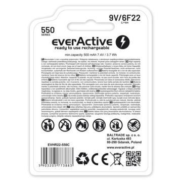 1 литий-ионный аккумулятор EverActive USB C, 500 мАч, 9 В/6F22