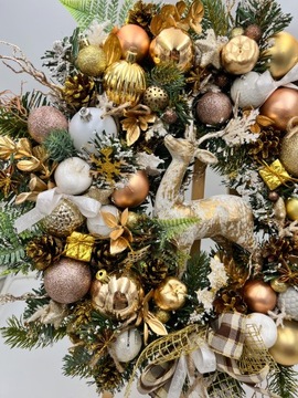 Золотой и бежевый рождественский венок на дверь с огнями, эксклюзивная зима