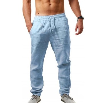 Hot Men Cotton Linen Trousers Solid Color Elastic