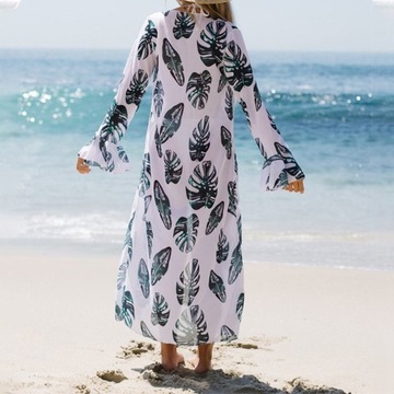 Damskie okrycie plażowe rozpinany kardigan z nadrukiem strój kąpielowy Cover Up długie koszule przeciwsłoneczne