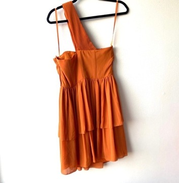 H&M sukienka mini pomarańczowa gorsetowa falbanki baskinka wesele drapowana