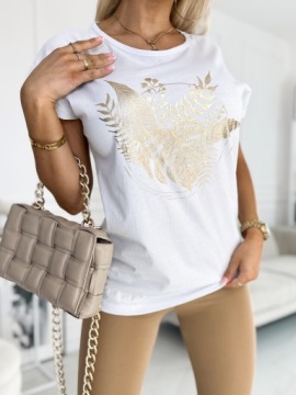ЖЕНСТВЕННАЯ УДОБНАЯ БЛУЗКА, ЗОЛОТОЙ ПРИНТ ЛИСТЬЯ, ХЛОПОК