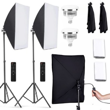 2x Lampa Fotograficzna Softbox 50 x 70cm Statyw 180cm Żarówka 45W PILOT