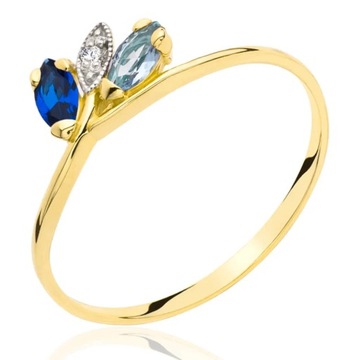 Złoty pierścionek liście błękitno niebieskie pr. 333
