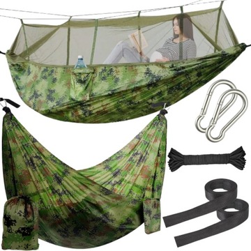 Hamak HUŚTAWKA DWUOSOBOWY turystyczny z moskitierą moro Army 260x140cm DUŻY