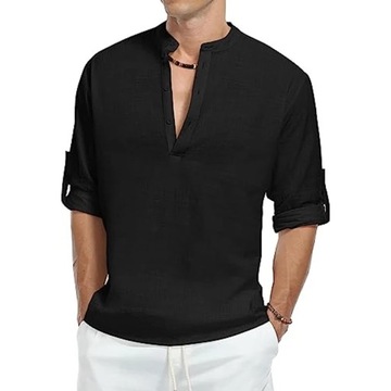 Mens Casual Cotton Shirt Long Sleeve Band Collar H