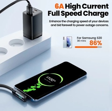 Быстрый угловой кабель Tooki USB от A до C, 100 Вт, 6 А, 90 градусов, ЖК-метр, 1 м.