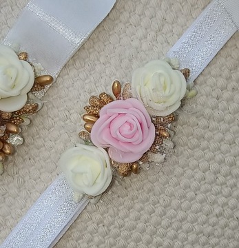 Крестильная повязка и пояс, 1 год розовый/бежевый/золотой