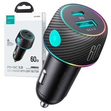 ŁADOWARKA SAMOCHODOWA JOYROOM USB-C USB-A 60W PD QC LEDOWE PODŚWIETLENIE