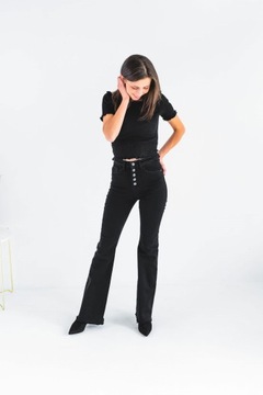 Czarne damskie spodnie dzwony jeans PUSH UP wysoki stan szeroka nogawka M