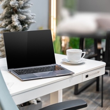 Регулируемый белый электрический стол USB с выдвижным ящиком, подъемный и регулируемый.