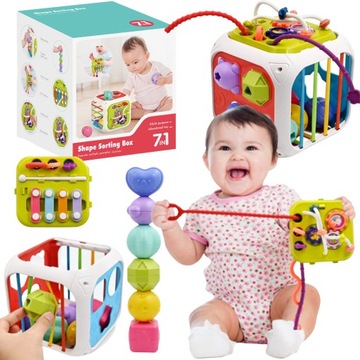 SORTER EDUKACYJNE KLOCKI SENSORYCZNE DLA NIEMOWLĄT KOSTKA SENSORYCZNA 7w1