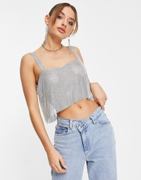 VERO MODA SREBRNY CROP TOP SIATECZKA ZDOBIENIE DŻETY J8A NG7__S/M