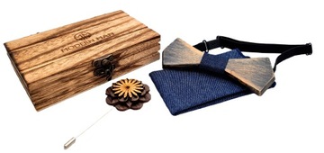 MUCHA DREWNIANA POSZETKA BROSZKA ZESTAW JEANS NOWOCZESNA PREZENT DLA NIEGO