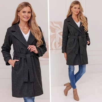 ПАЛЬТО ЖЕНСКОЕ В РЕБИНКУ С ПОЯСОМ ОСЕНЬ-ЗИМА ИЗ ШЕРСТИ М