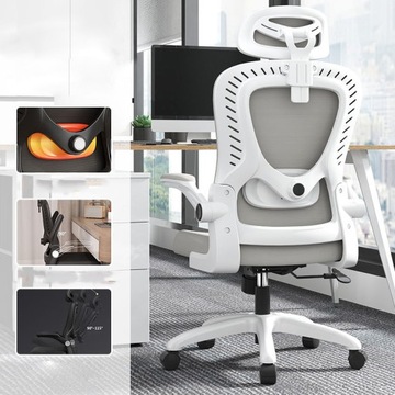 Regulowane ergonomiczne krzesło biurowe z zagłówkiem, obrotowe - białe