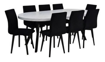 8 x czarne drewniane krzesło loft VELVET i rozkładany okrągły stół MARMUR