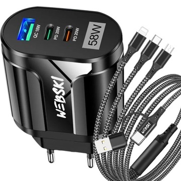 SZYBKA ŁADOWARKA DO WSZYSTKICH TELEFONÓW QC 58W KABEL 6w1 IPHONE USB TYP C
