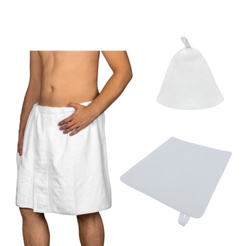 ZESTAW DO SAUNY KILT MĘSKI FROTTE COPERTINA CZAPKA DYWANIK FILCOWY BIAŁY