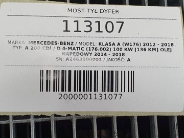 NÁPRAVA ZADNÍ DIFER 4MATIC MERCEDES W176 A200 CDI A2463500001 4X4 DIESEL