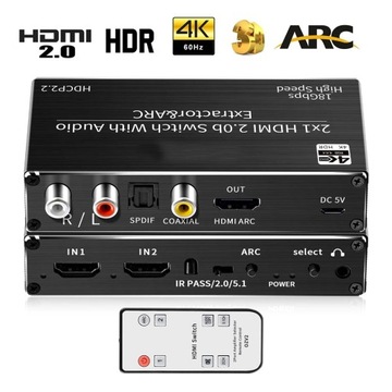 ПЕРЕКЛЮЧАТЕЛЬ HDMI 2.0 2x1 РАЗДЕЛЕННЫЙ SPDIF-ЭКСТРАКТОР 4K