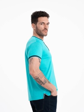 T-shirt męski henley ozdobnymi ściągaczami turkusowy V7 OM-TSCT-0175 M