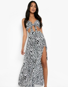 KOMPLET WZÓR ZEBRA TOP BRALET MAXI SPÓDNICA ROZCIĘCIE BOOHOO 36