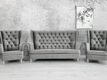 SOFA 2 osobowa + 2X FOTEL USZAK styl skandynawski