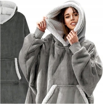 2w1 KOCOBLUZA OVERSIZE GRUBA MIĘKKA KOC BLUZA Z KAPTUREM SZLAFROK SZARA