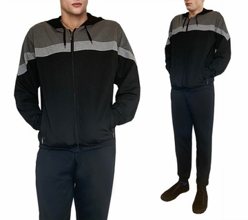 DRES MĘSKI z bawełną DRESY z kapturem BLUZA SPODNIE proste 9154 granat L