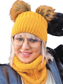 KOMPLET ZIMOWY CZAPKA +KOMIN DWA POMPONY MUSZTARDA