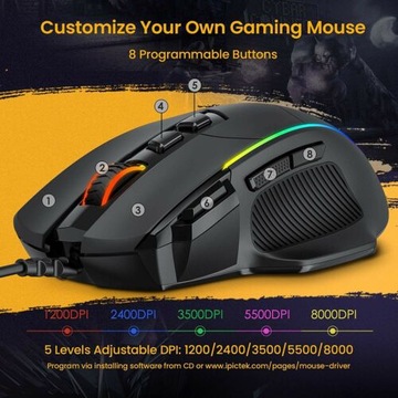 Pictek PC278A Mysz dla graczy 8000DPI RGB PC LED