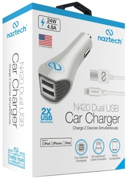 Naztech N420 Dual Car Charger 2xUSB +kabel Apple