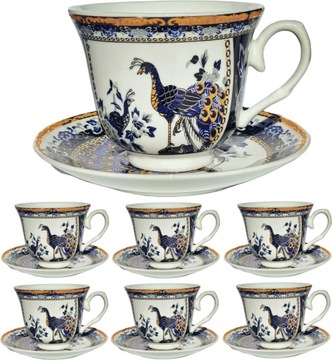 Filiżanka Spodek Porcelana Pawie Niebieskie 6szt zestaw na prezent