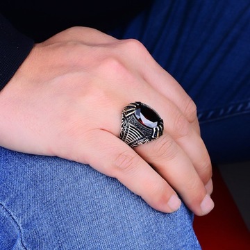 Unique Design Garnet Silver Men's Ring, Turkish Handcrafted Men Ring