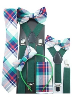 Szelki do spodni + krawat W KRATĘ zielony męski na wesele komunię imprezę