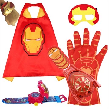 IRON MAN ZESTAW RĘKAWICA STRZELAJĄCA MASKA PELERYNA ZEGAREK PROJEKTOR STRÓJ