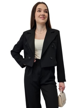 Современный ЖЕНСКИЙ КОСТЮМ, черный, короткая куртка и широкие брюки, размер М