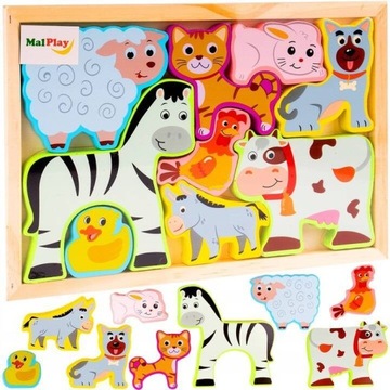 PUZZLE DREWNIANA UKŁADANKA FARMA ZOO ZWIERZĘTA MONTESSORI PLANSZA KLOCKI