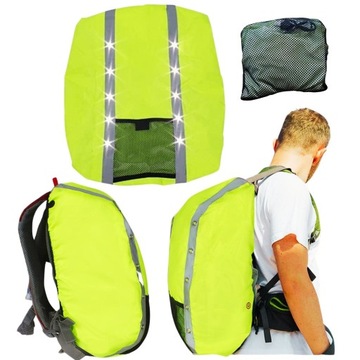 POKROWIEC OSŁONA NA PLECAK DIODY LED 3 TRYBY ODBLASKOWY WODOODPORNY 35-50L
